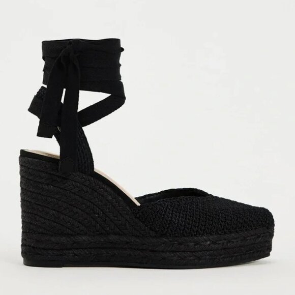 Zara Black Espadrille Ankle-Wrap Wedges, Size 10 - Picture 3 of 6